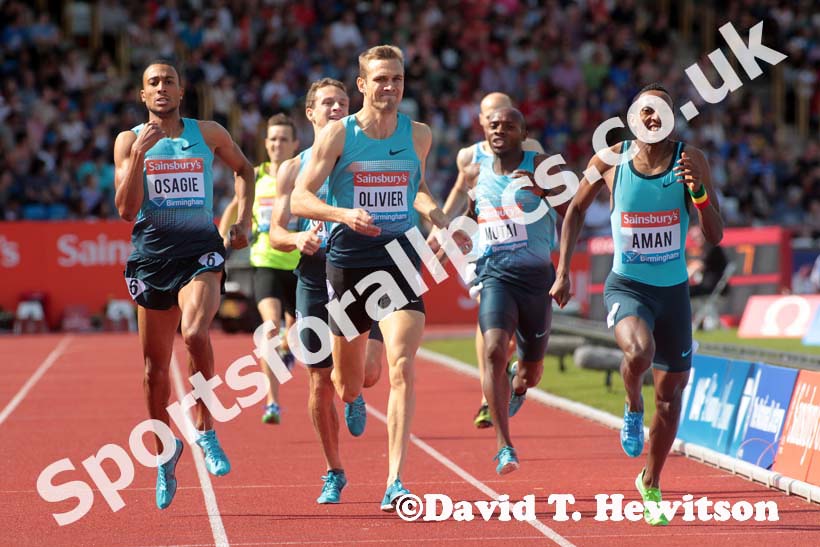 Mohammed Aman beats Andre Oliver and Andrew Osagie in the 800 metres at the IAAF Diamond League, Birmingham.